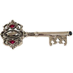 1928 Brand Red Blue Rhinestone Silver Tone Key Brooch Pin L259